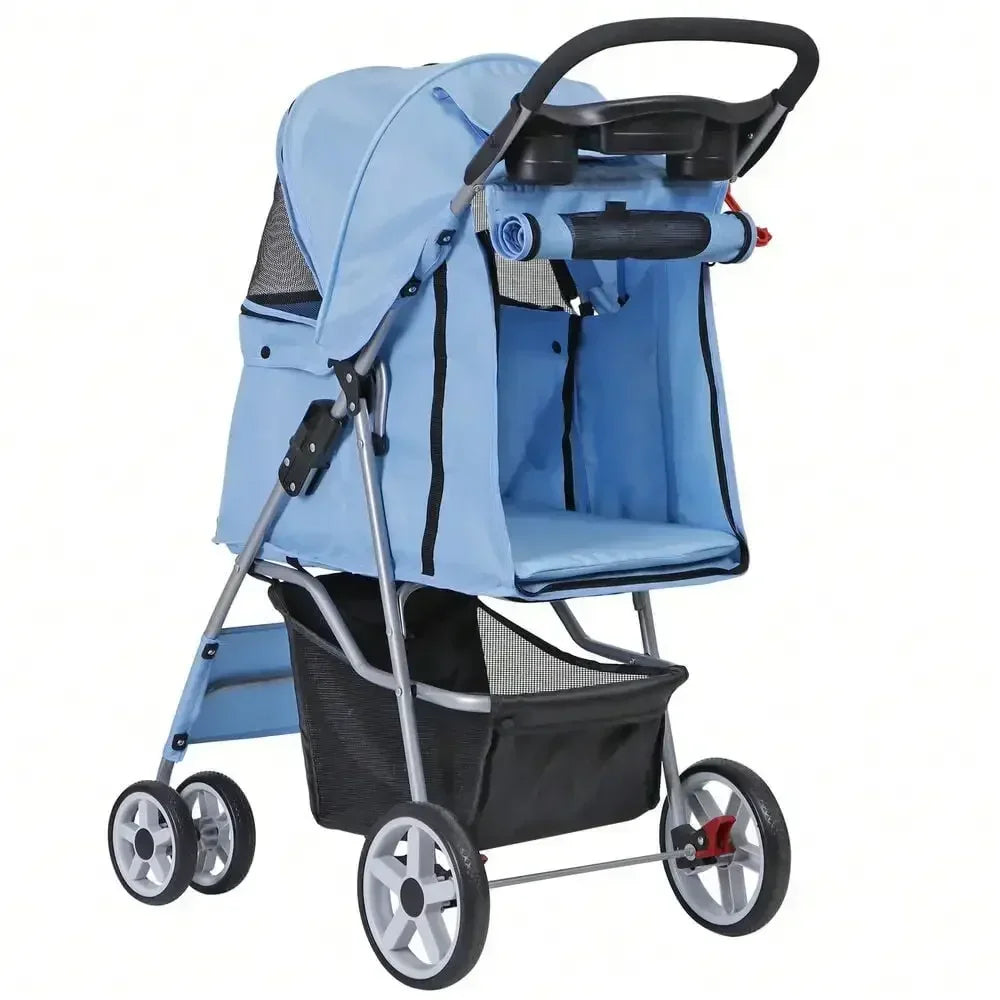 Blue 4 Wheel Foldable Pet Stroller for Cats and Dogs
