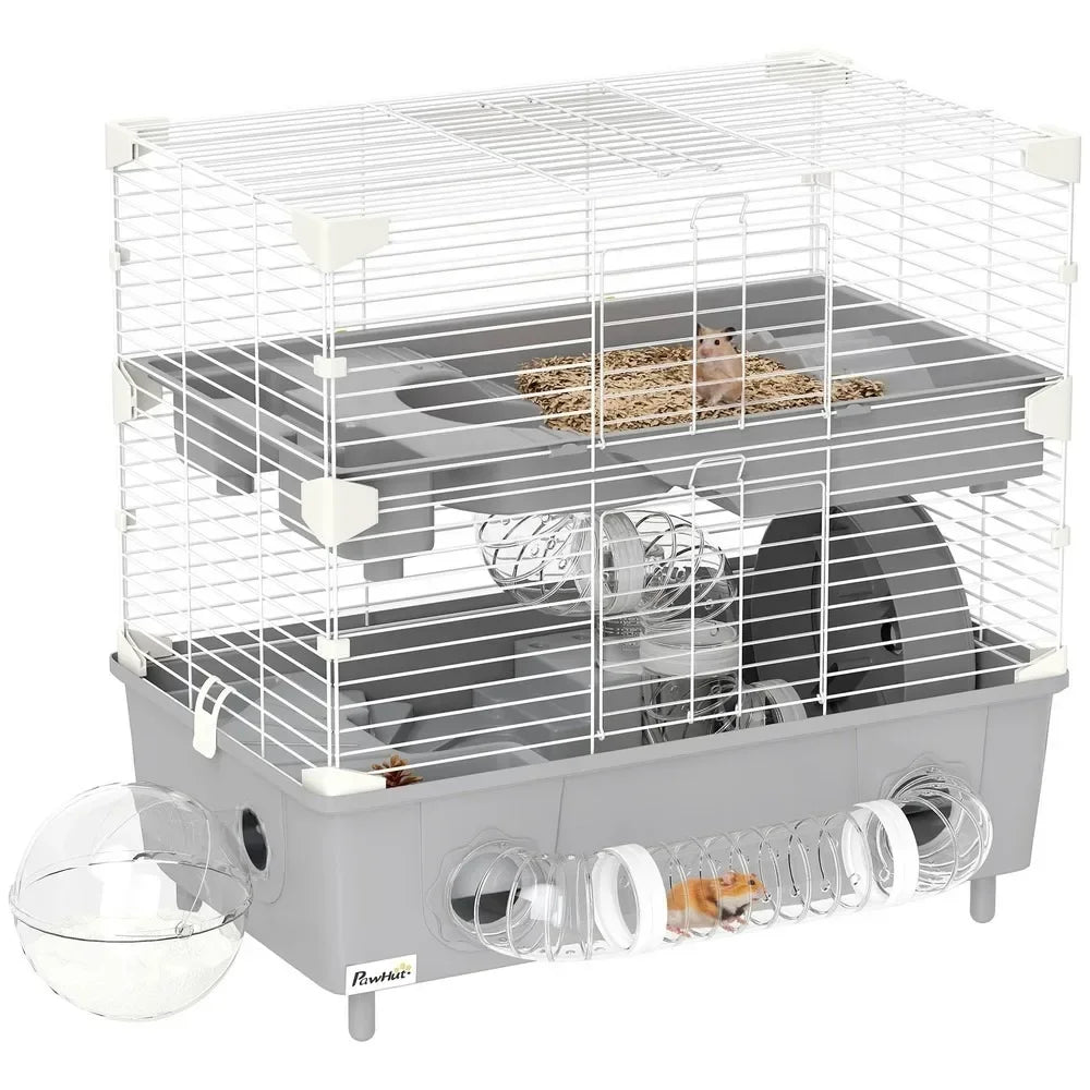 Two Tier Gray Hamster Cage With Accessories And Play Area
