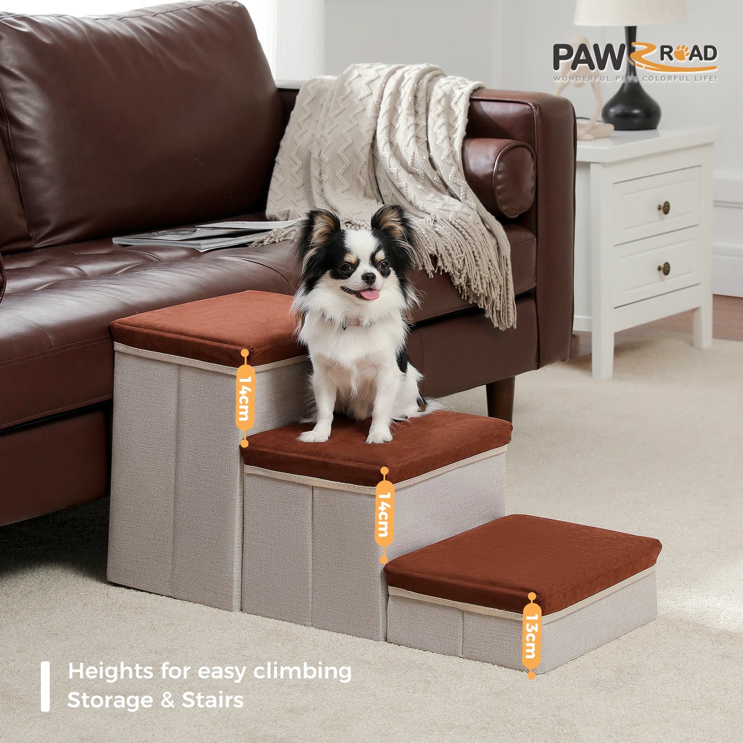 Foldable 3 Tier Dog Stairs With Adjustable Height Storage