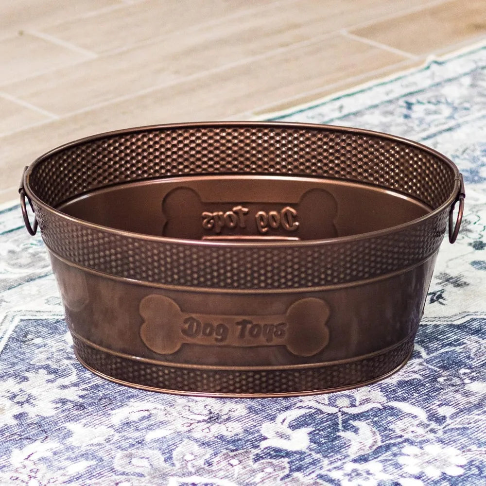 Indestructible Metal Dog Toy Bin - Copper Galvanized Storage Bin with Handles, Dog Toy Box for Dog Chew Toys