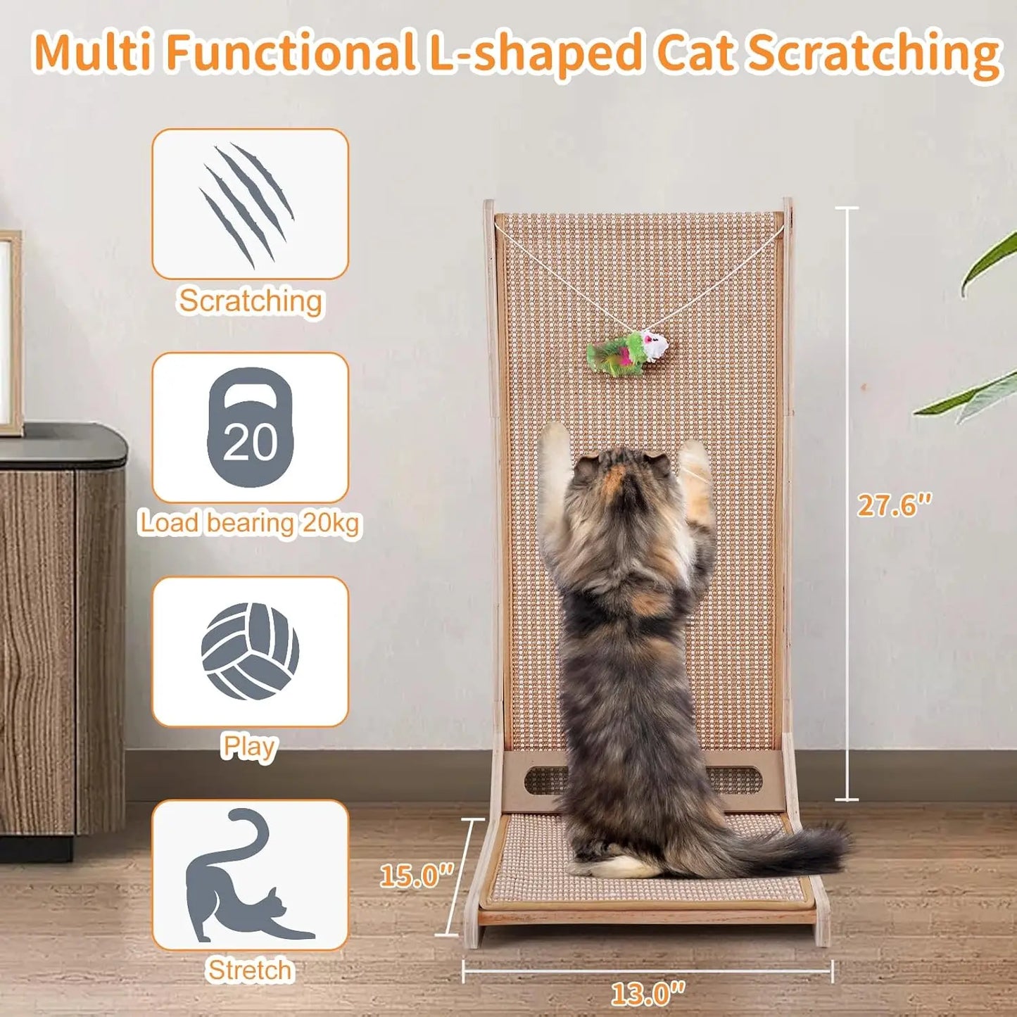 Yungaspy Wooden Sisal Cat Scratcher Indoor L Shaped Scratch Pad
