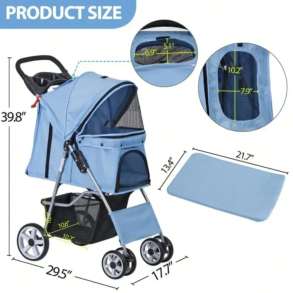 Blue 4 Wheel Foldable Pet Stroller for Cats and Dogs