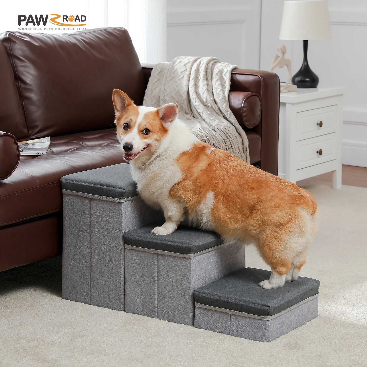 Foldable 3 Tier Dog Stairs With Adjustable Height Storage