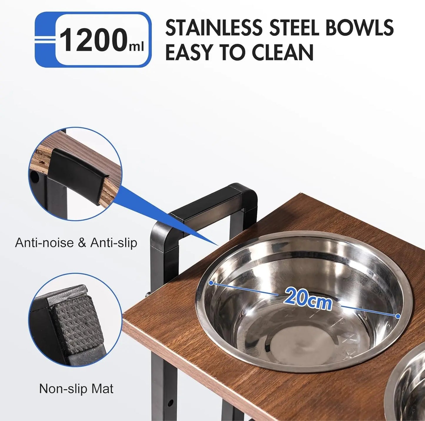 MewooFun Adjustable Wooden Dog Bowl Stand With Bowls