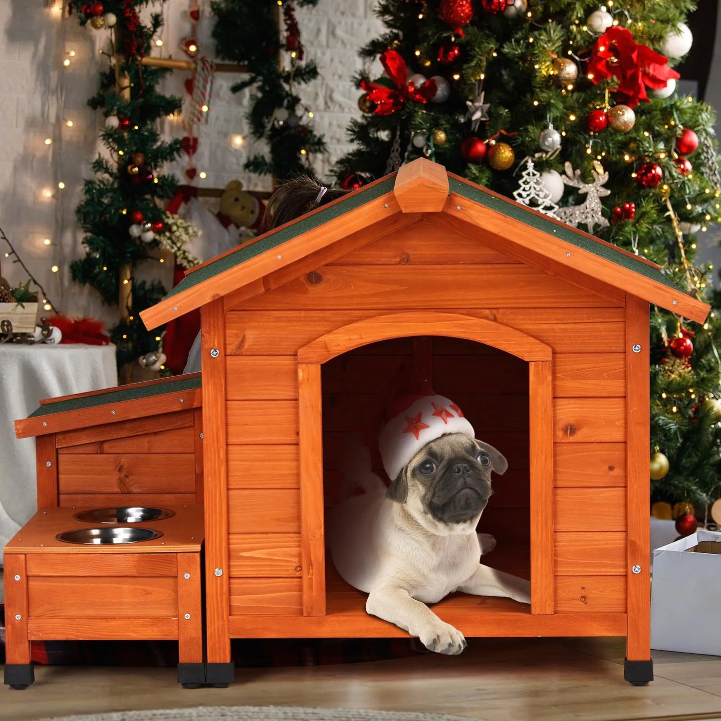Cozy Wooden Dog House With Food Bowl And Storage Bucket