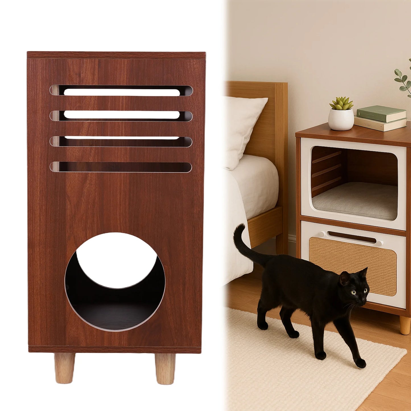 Retro TV Style Cat House With Scratching Board And Bed