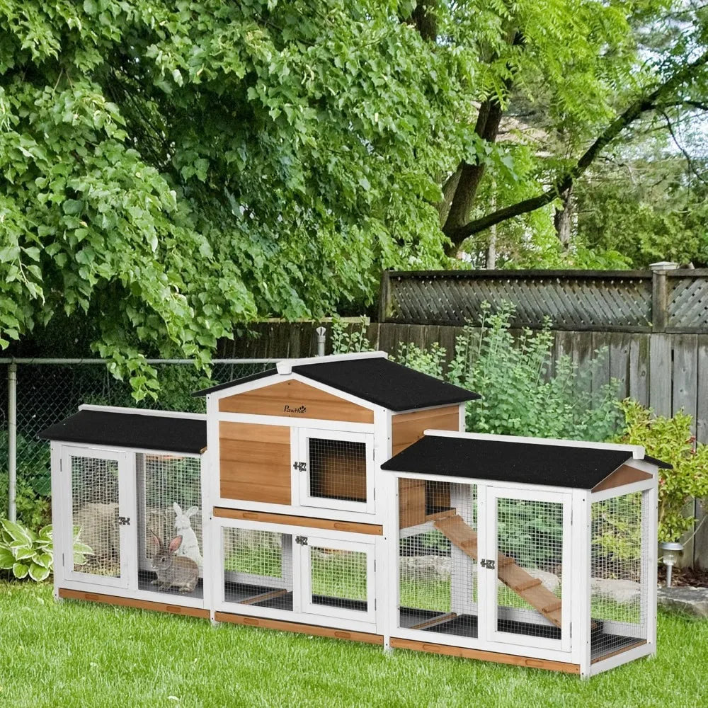90.5" Wooden Rabbit Hutch Bunny Cage Pet Playpen House Enclosure with Double Side Run Boxes, No Leak Tray, Ramp, for Guinea Pig