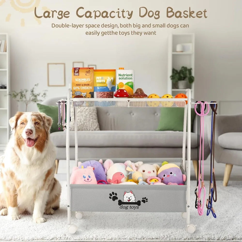 2-Tier Mobile Dog Toy Storage Basket Organizer For Living Room