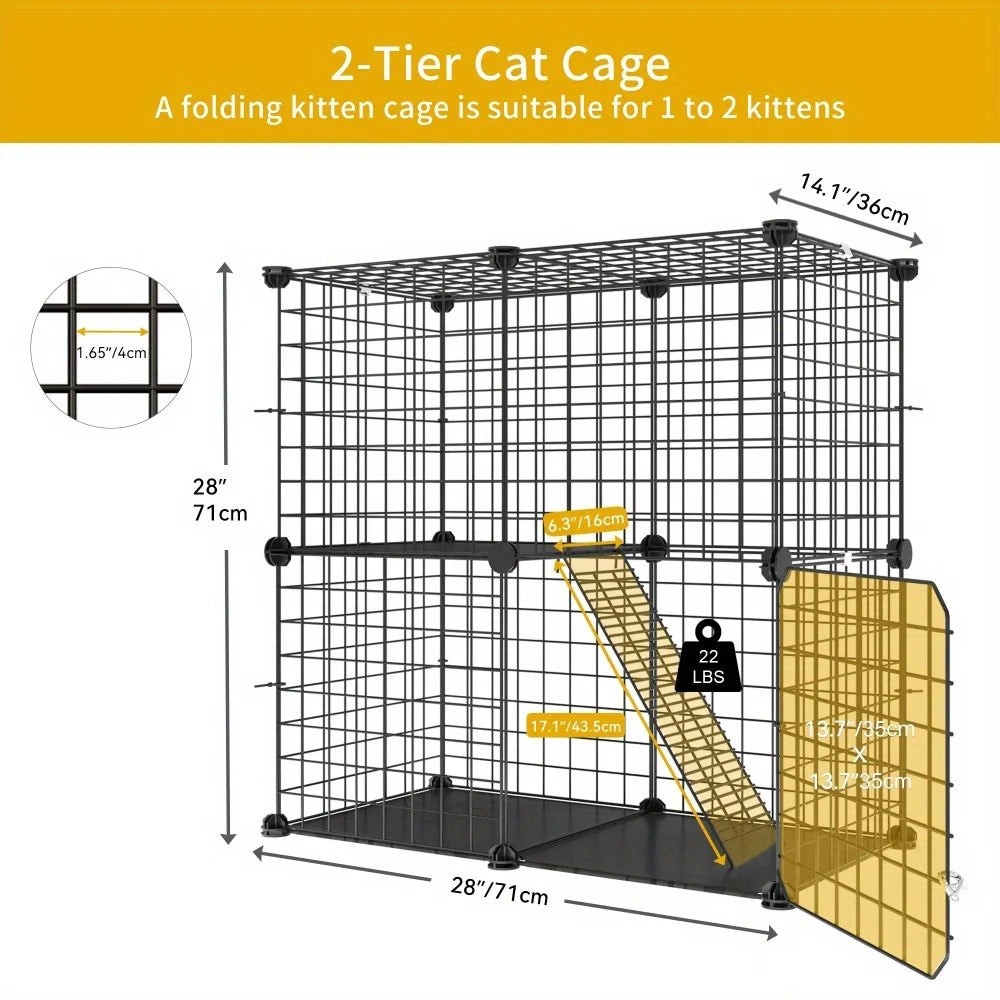 2-Tier Cat Cage, Indoor Pet Cage, Versatile DIY Pet Playpen Cat Kennel with Removable Metal Wiring, for Small Cats, Ferrets