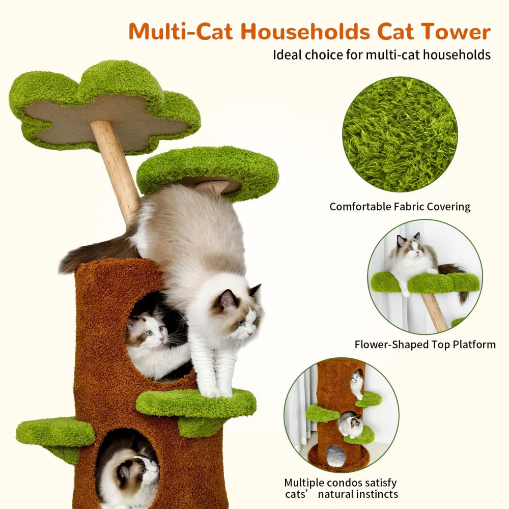 BORWARTCN Luxury Wood Cat Tree Tower With Scratching Post Bed