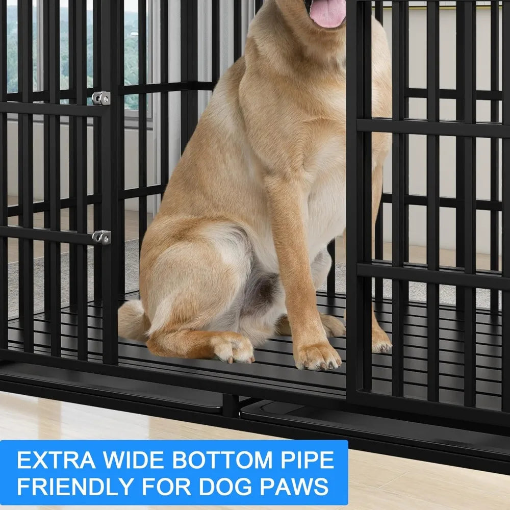 Heavy Duty Dog Crate 54 inch XL Large Pet Dog Cage Crate Kennel with Roof Top 2 Doors Removable Trays, Lockable Wheels Escape