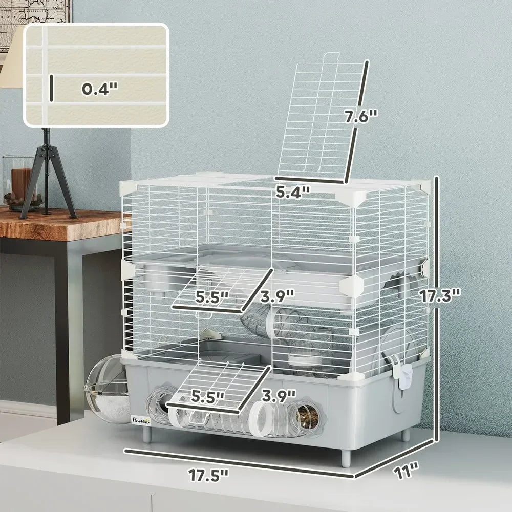 Two Tier Gray Hamster Cage With Accessories And Play Area