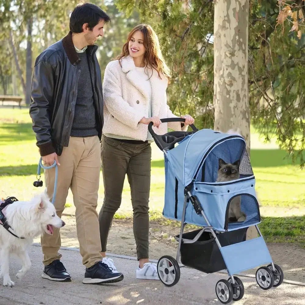 Blue 4 Wheel Foldable Pet Stroller for Cats and Dogs