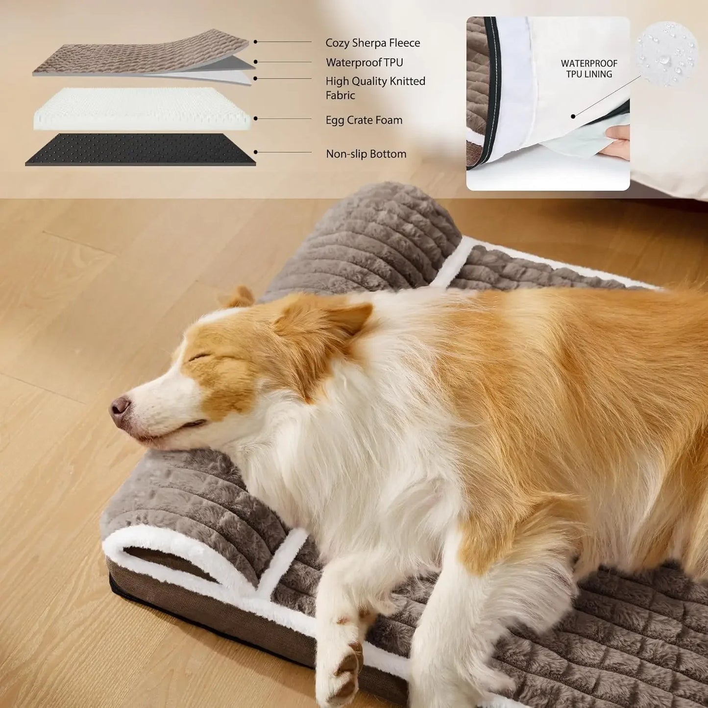 Orthopedic XL Dog Bed Large Sized Dog with Pillow 42''X28'', Waterproof Soft Comfortable Egg Crate Foam Pet Crate Beds Mat with