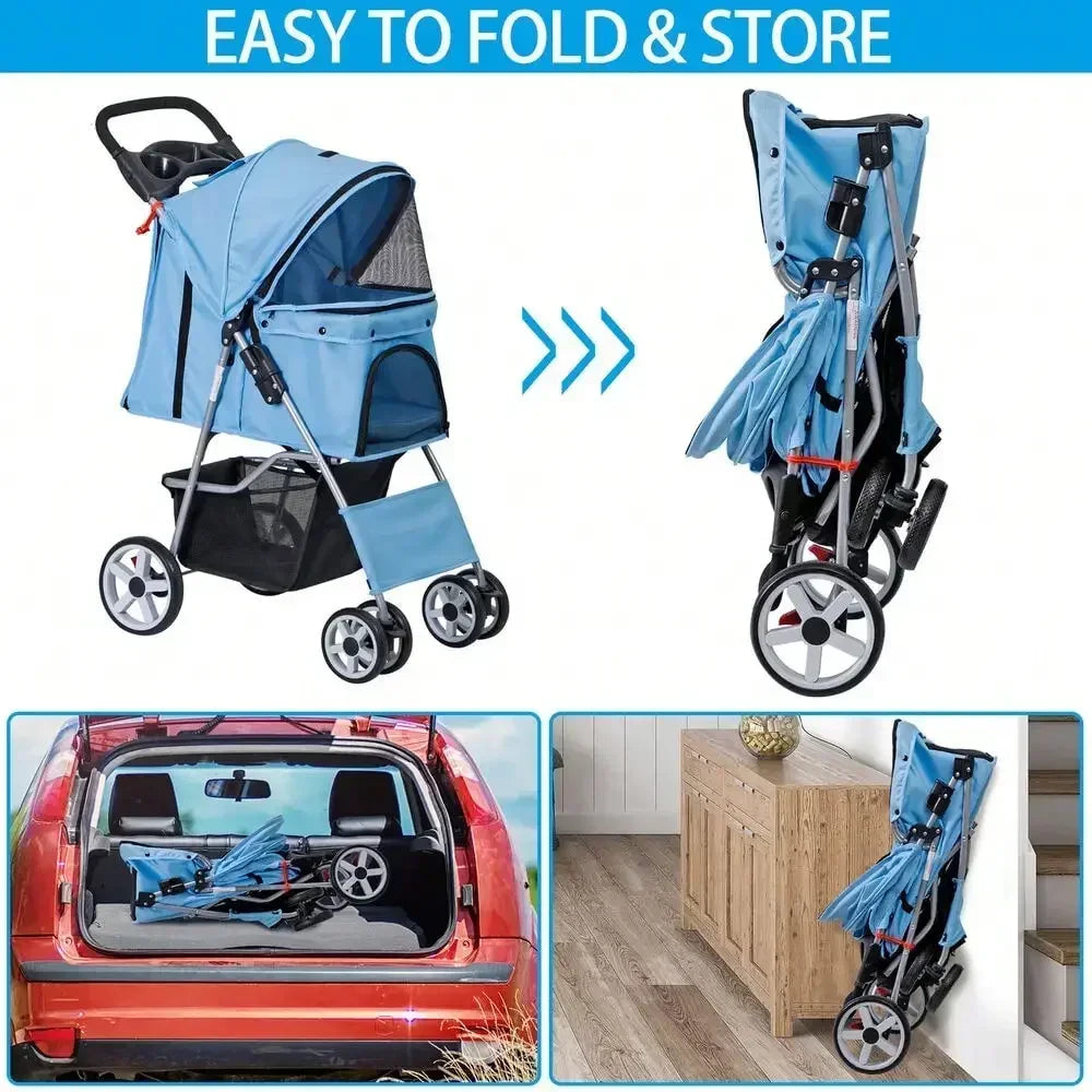 Blue 4 Wheel Foldable Pet Stroller for Cats and Dogs