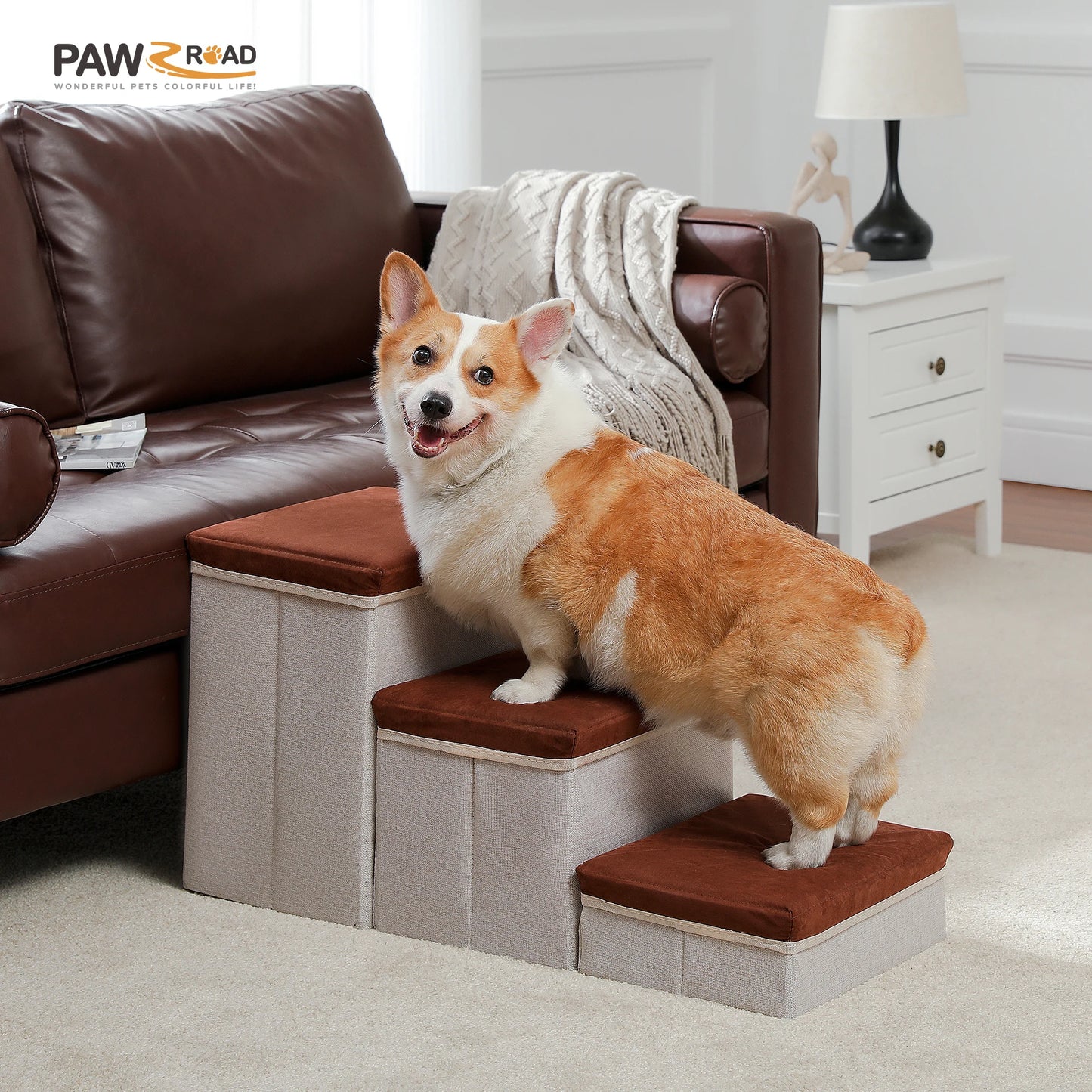 Foldable 3 Tier Dog Stairs With Adjustable Height Storage