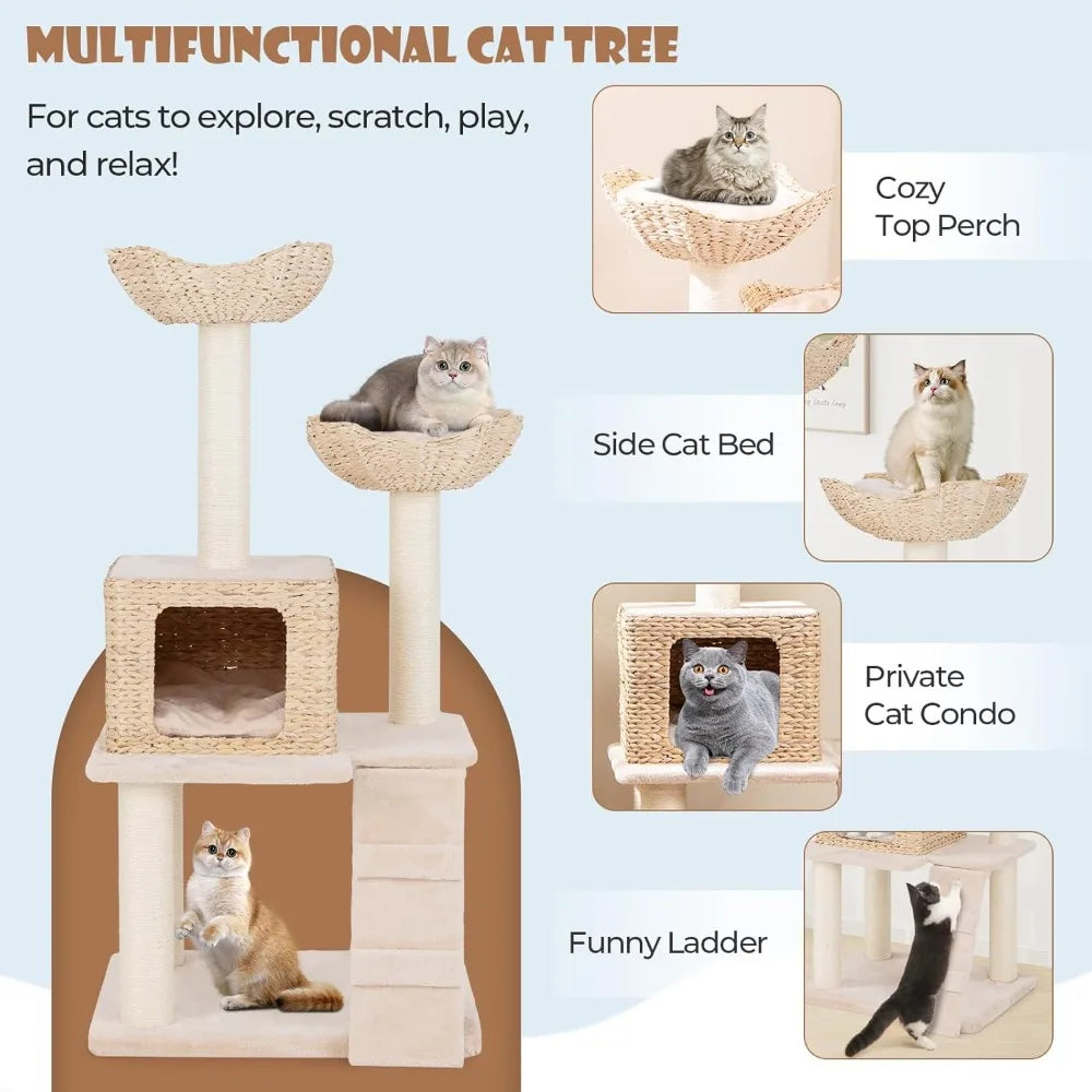 48 Inch Cattail Cat Tree With Multi Level Tower And Posts