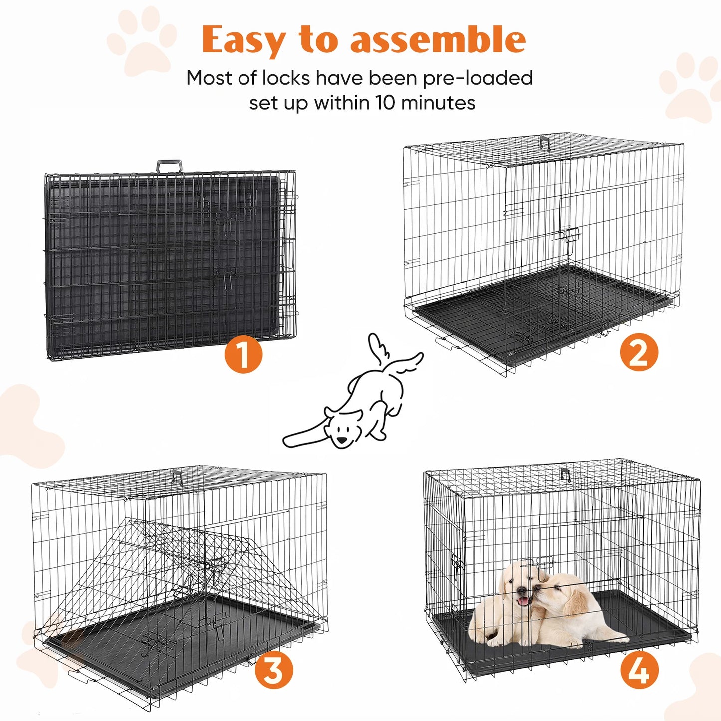 JHK Double Door Folding Metal Dog Cage With Leak Proof Tray