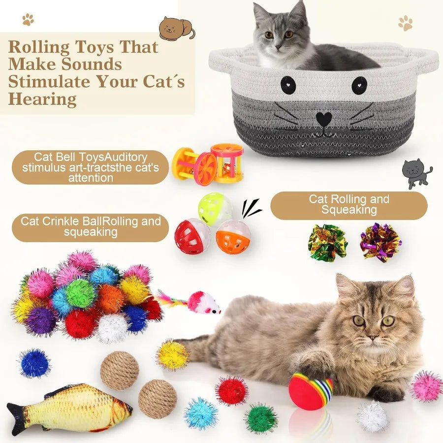 58 Pcs Cat Toys Set Colorful Flashing Crinkle Balls Bells