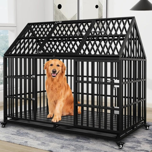 Heavy Duty Dog Crate 54 inch XL Large Pet Dog Cage Crate Kennel with Roof Top 2 Doors Removable Trays, Lockable Wheels Escape