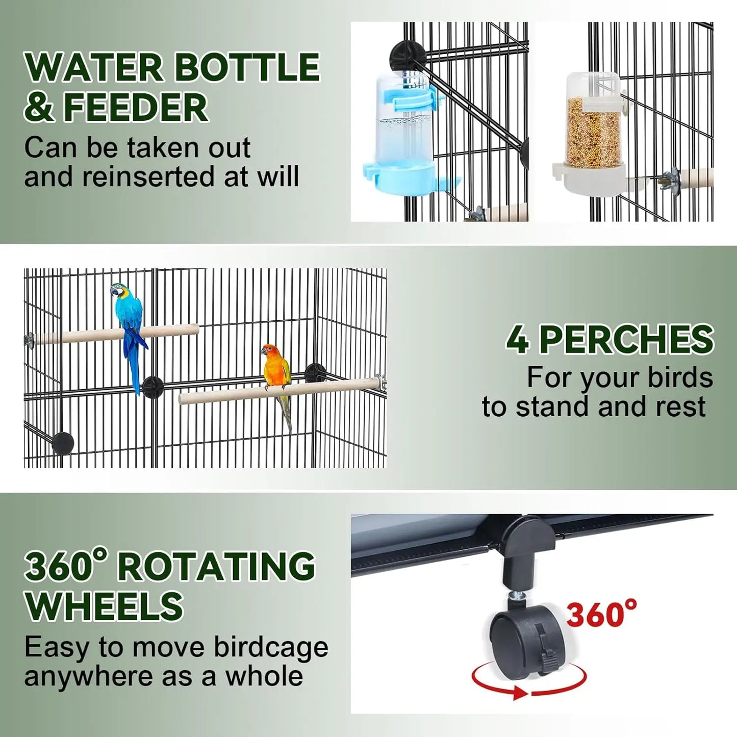 Wooden Bird Cage Perches Water Bottle Feeder Slide Out Tray