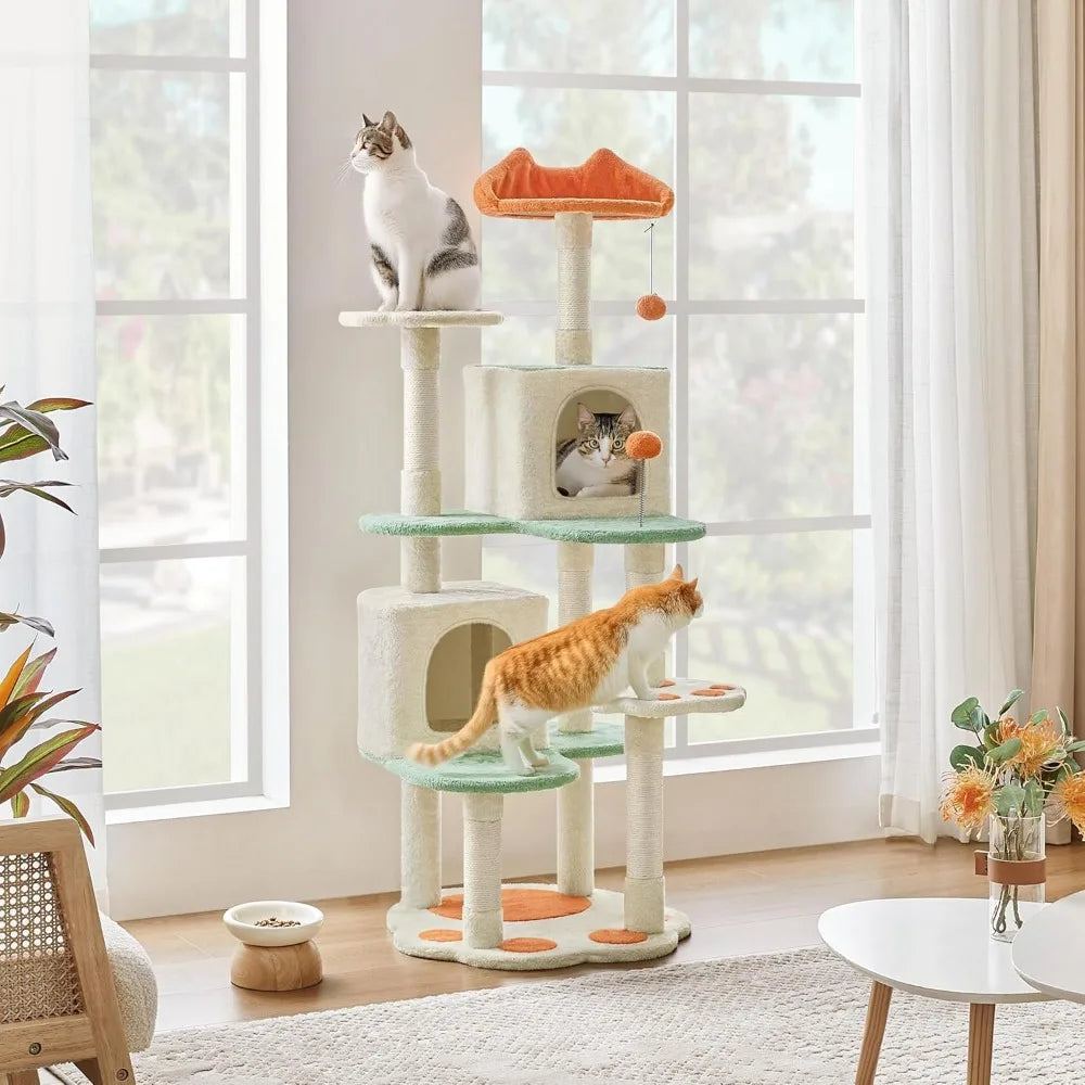 Yaheetech 57.5in Cat Tree Tower, Multi-Functional Activity Center w/Cat Paw-Shaped Platform, Scratching Posts, 2 Condos and Dang