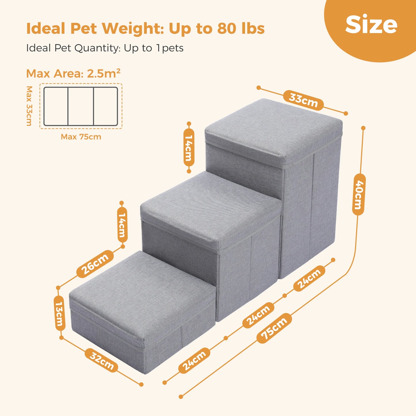 Foldable 3 Tier Dog Stairs With Adjustable Height Storage