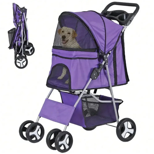 Foldable Pet Stroller for Small Dogs and Cats with Basket