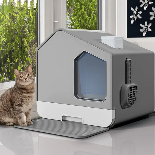 Oversized hooded cat litter box with odor control, spoon, mat, easy to clean, grey， litter box ， cat litter box