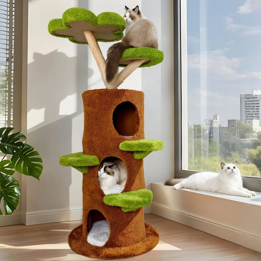 BORWARTCN Luxury Wood Cat Tree Tower With Scratching Post Bed