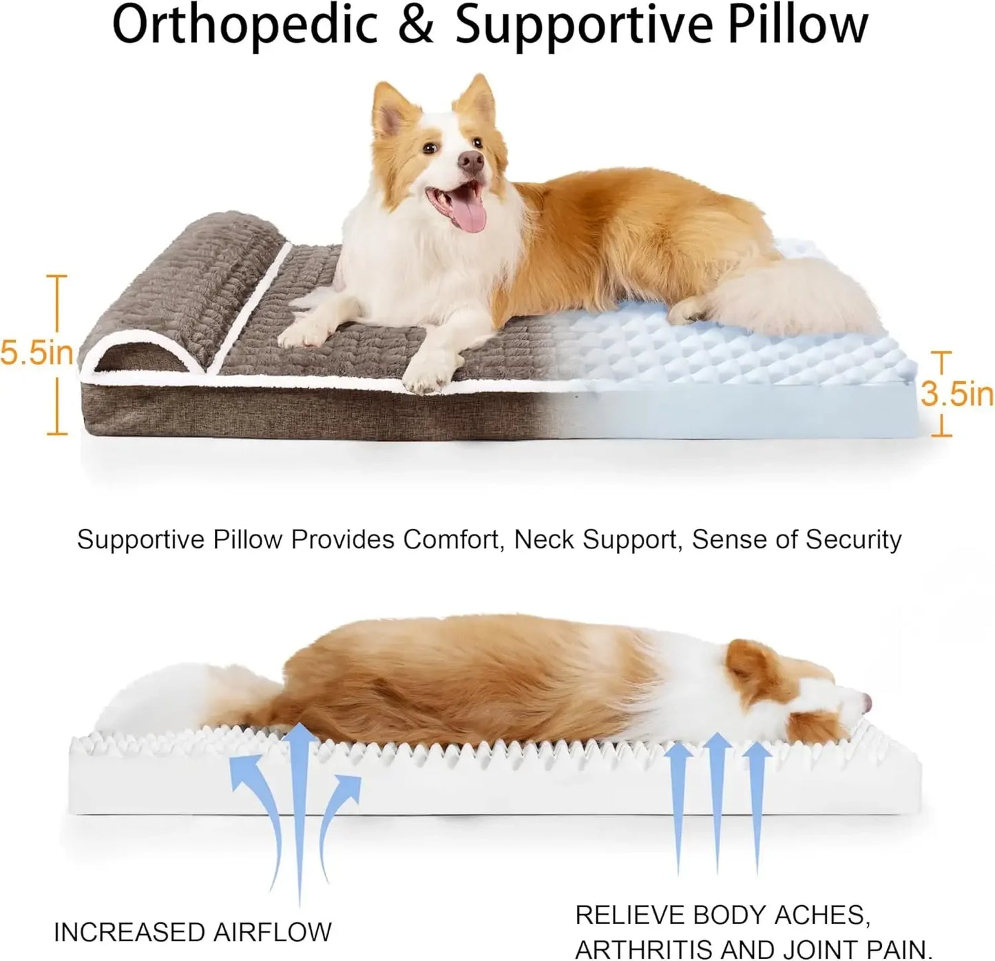 Orthopedic XL Dog Bed Large Sized Dog with Pillow 42''X28'', Waterproof Soft Comfortable Egg Crate Foam Pet Crate Beds Mat with