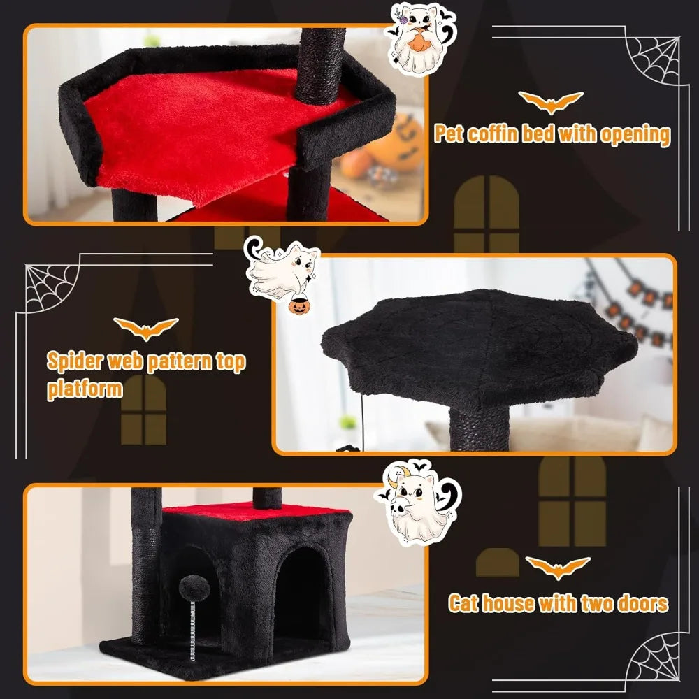 Erinnyees Gothic Cat Tree, Black Cat Tower for Indoor Kitties, 33.5 Kitty Condo with Scratching Post, Coffin Bed, Small Goth Tre