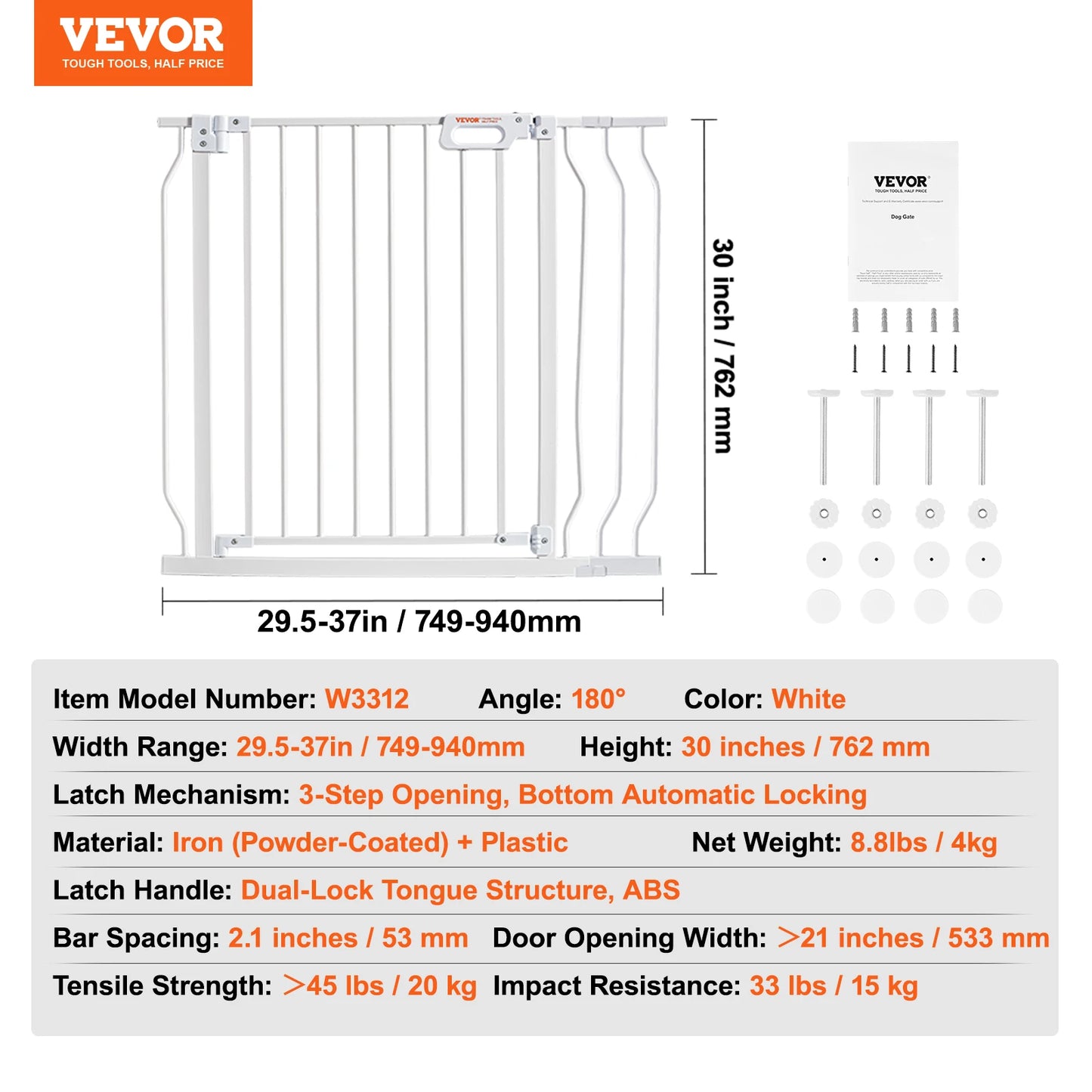 VEVOR Baby Gate 28/30/36 Inches High Dog Gate Easy Step Walk Thru Child Pet Security Pressure Mount Kit Wall Cups Doorways