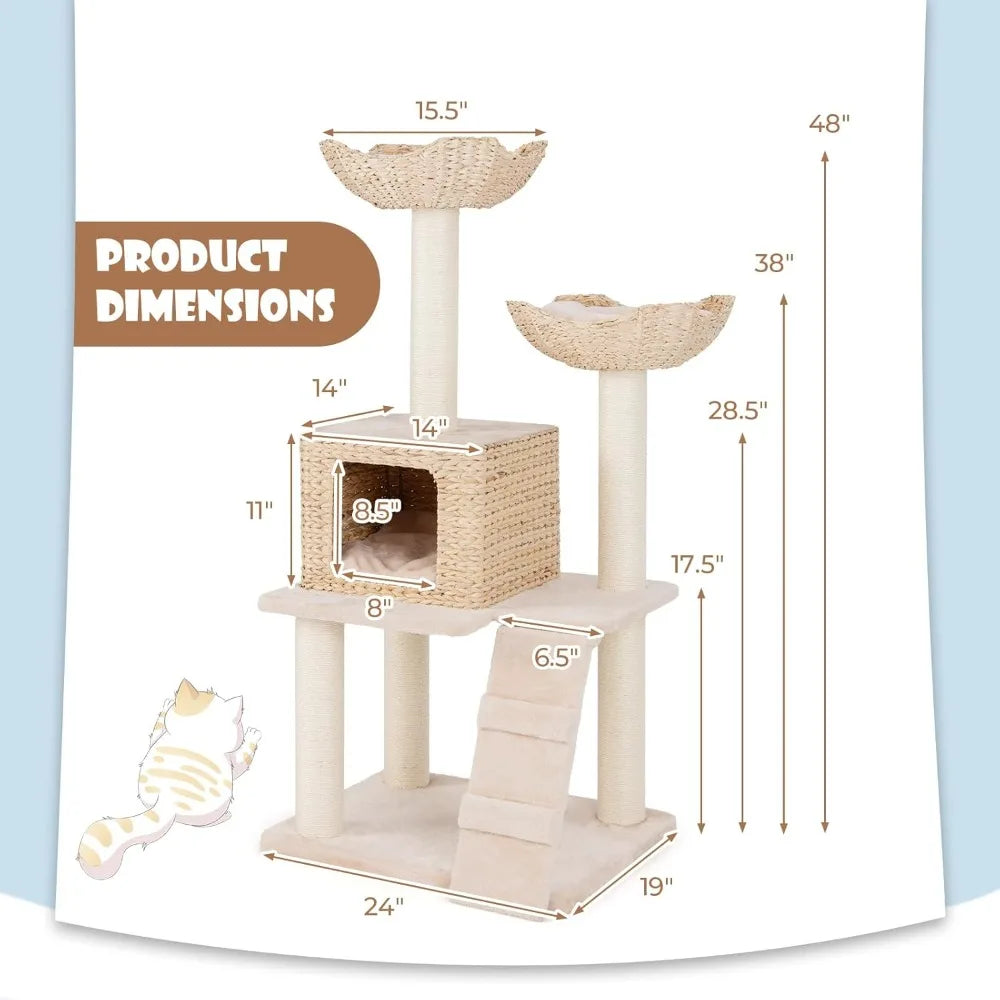 48 Inch Cattail Cat Tree With Multi Level Tower And Posts