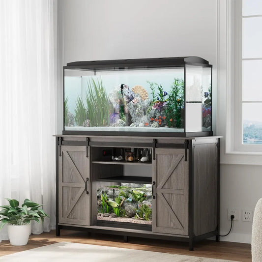 VOWNER Farmhouse Aquarium Stand With Power Outlet And Sliding Door