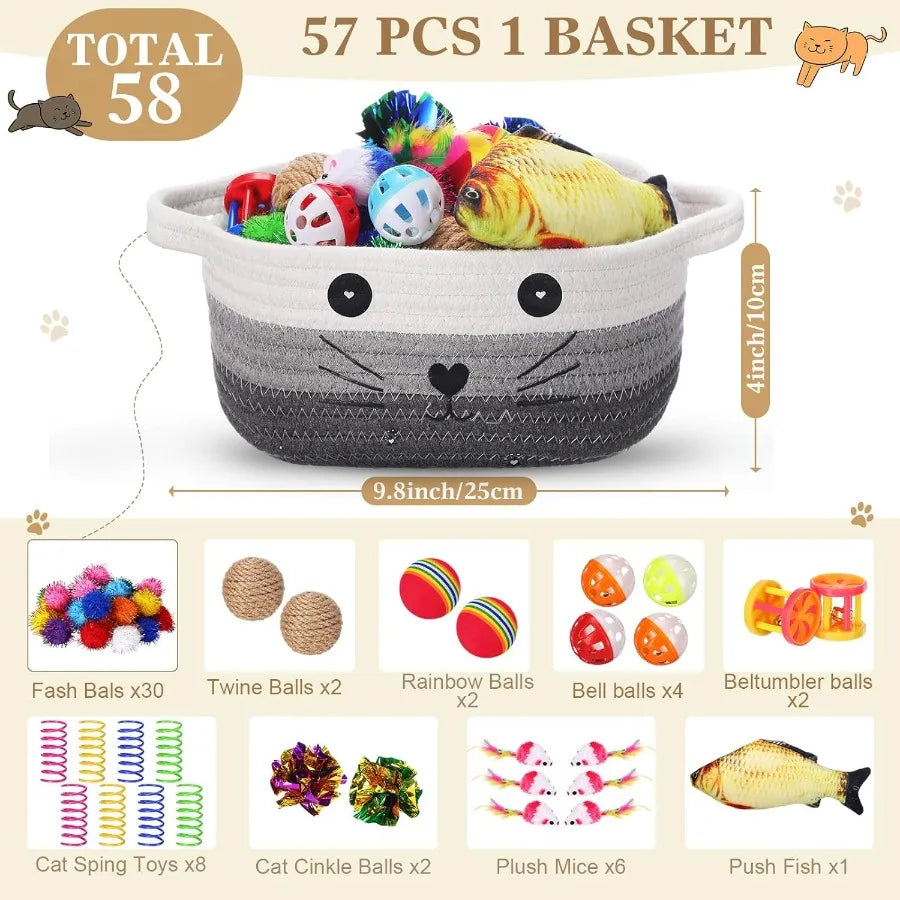 58 Pcs Cat Toys Set Colorful Flashing Crinkle Balls Bells