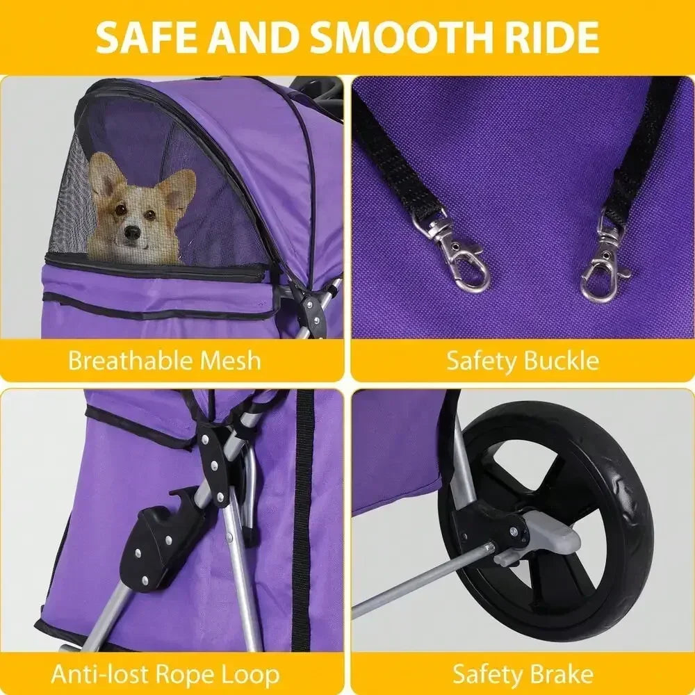 Foldable Pet Stroller for Small Dogs and Cats with Basket