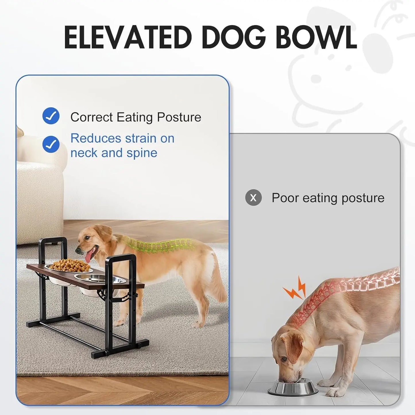 MewooFun Adjustable Wooden Dog Bowl Stand With Bowls