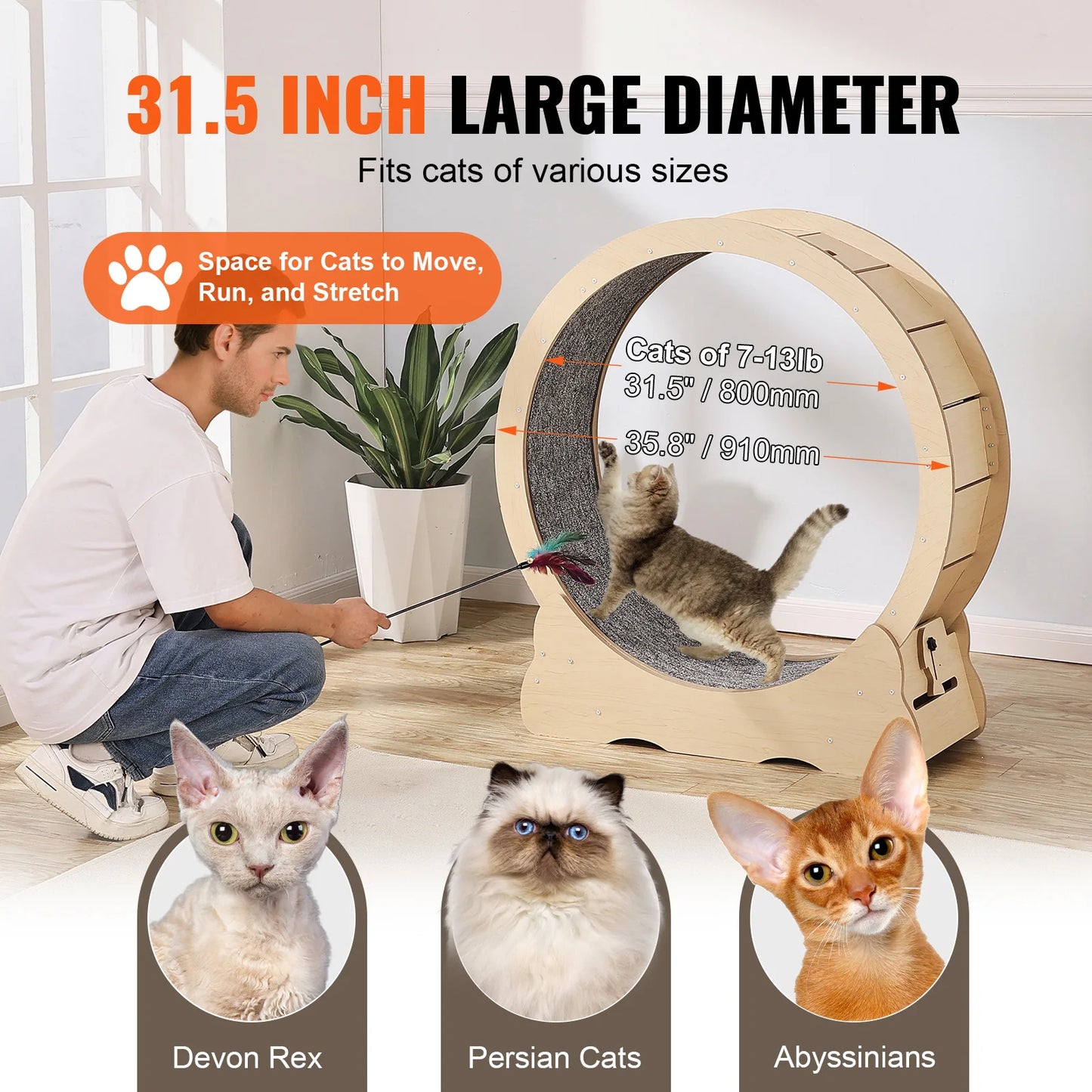 SucceBuy Wooden Cat Exercise Wheel With Detachable Carpet And Teaser