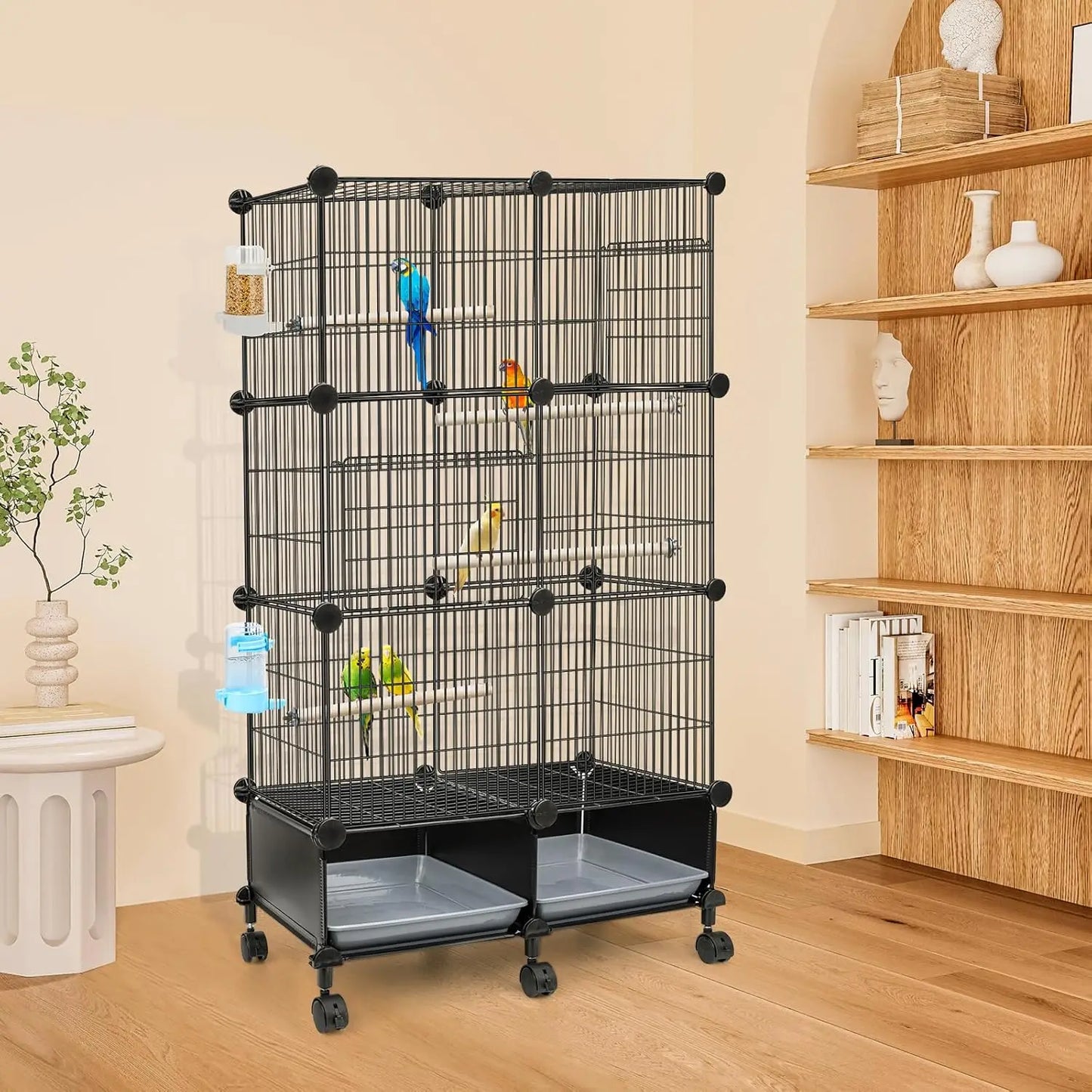 Wooden Bird Cage Perches Water Bottle Feeder Slide Out Tray