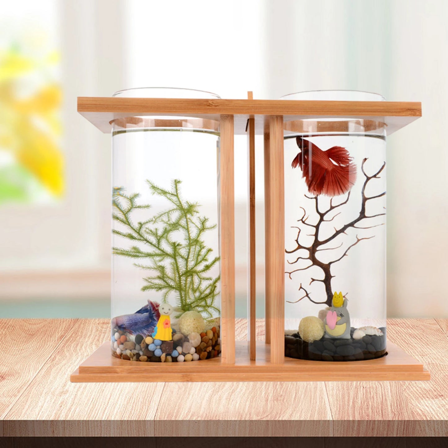 Creative Mini Fish Tank With Bamboo Wood And Dual Glass
