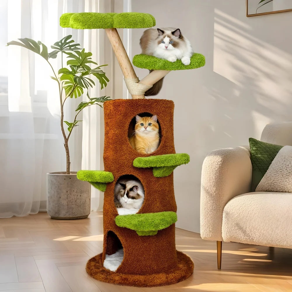 BORWARTCN Luxury Wood Cat Tree Tower With Scratching Post Bed