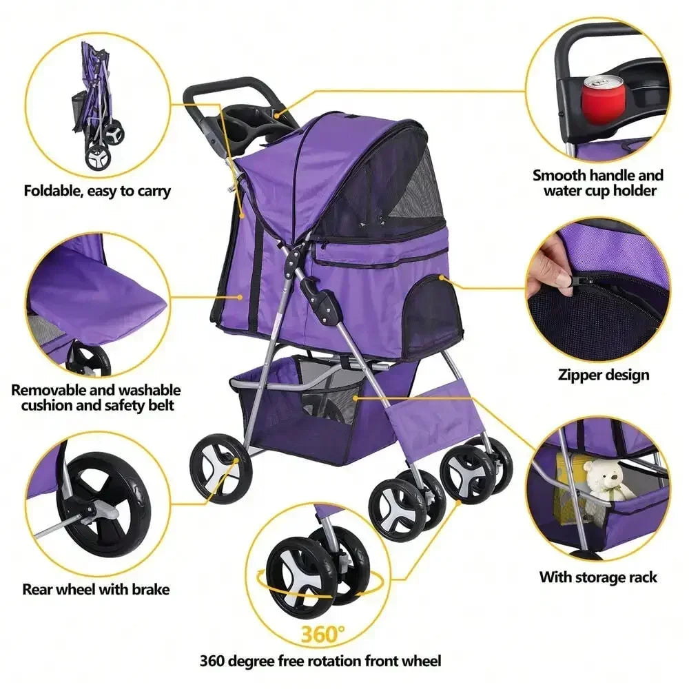 Foldable Pet Stroller for Small Dogs and Cats with Basket