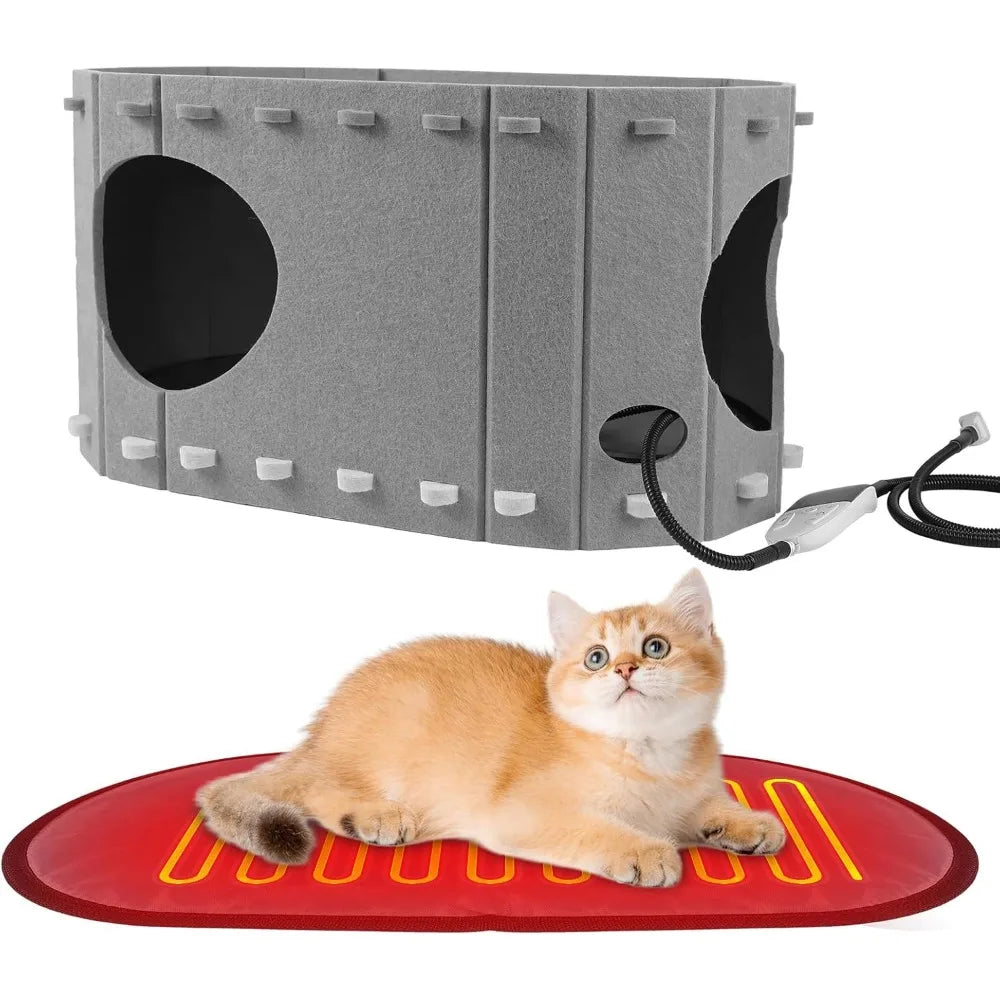 Foldable Heated Cat House For Indoor Cats With Timer And Adjustable Heating Pad