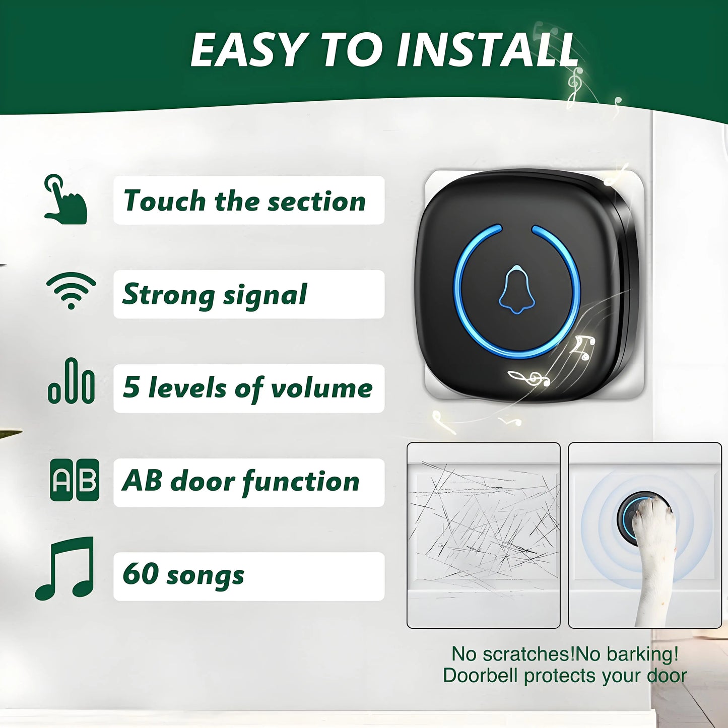 Wireless Dog Doorbell 1000ft Range IP65 Waterproof With 60 Melodies