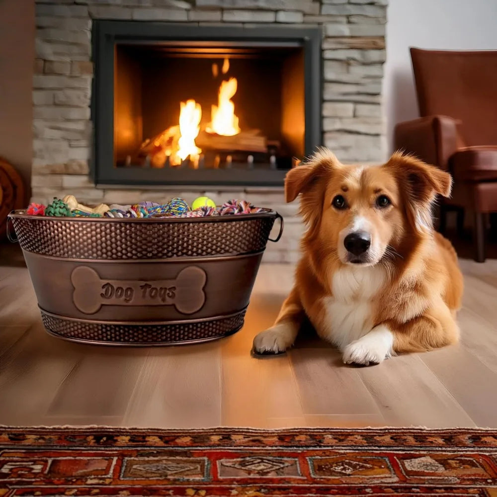 Indestructible Metal Dog Toy Bin - Copper Galvanized Storage Bin with Handles, Dog Toy Box for Dog Chew Toys