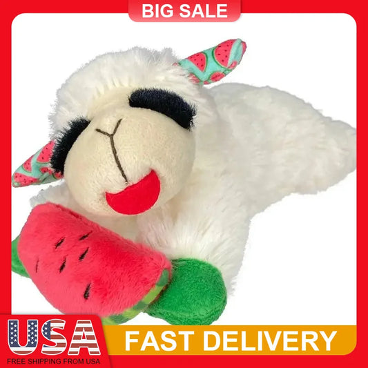 Lamb Chop Plush Dog Toy with Watermelon 8 Inch Squeaky Soft Chew Toy for Puppy Small Medium Dogs Summer Pet Gift