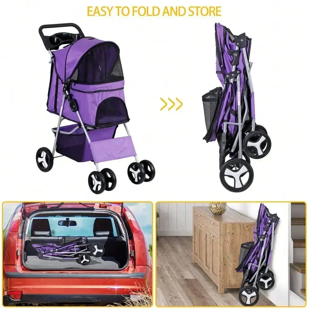 Foldable Pet Stroller for Small Dogs and Cats with Basket