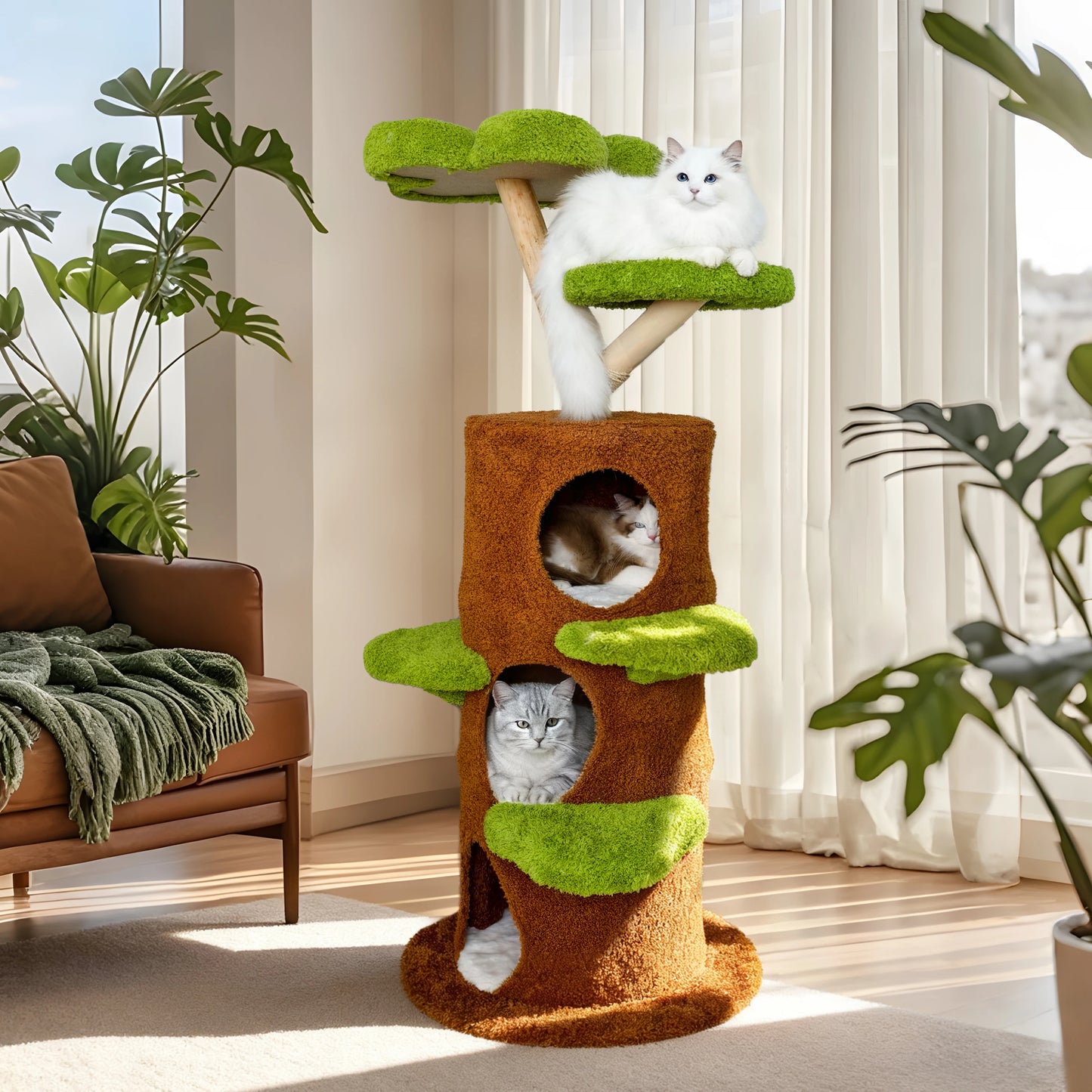 BORWARTCN Luxury Wood Cat Tree Tower With Scratching Post Bed