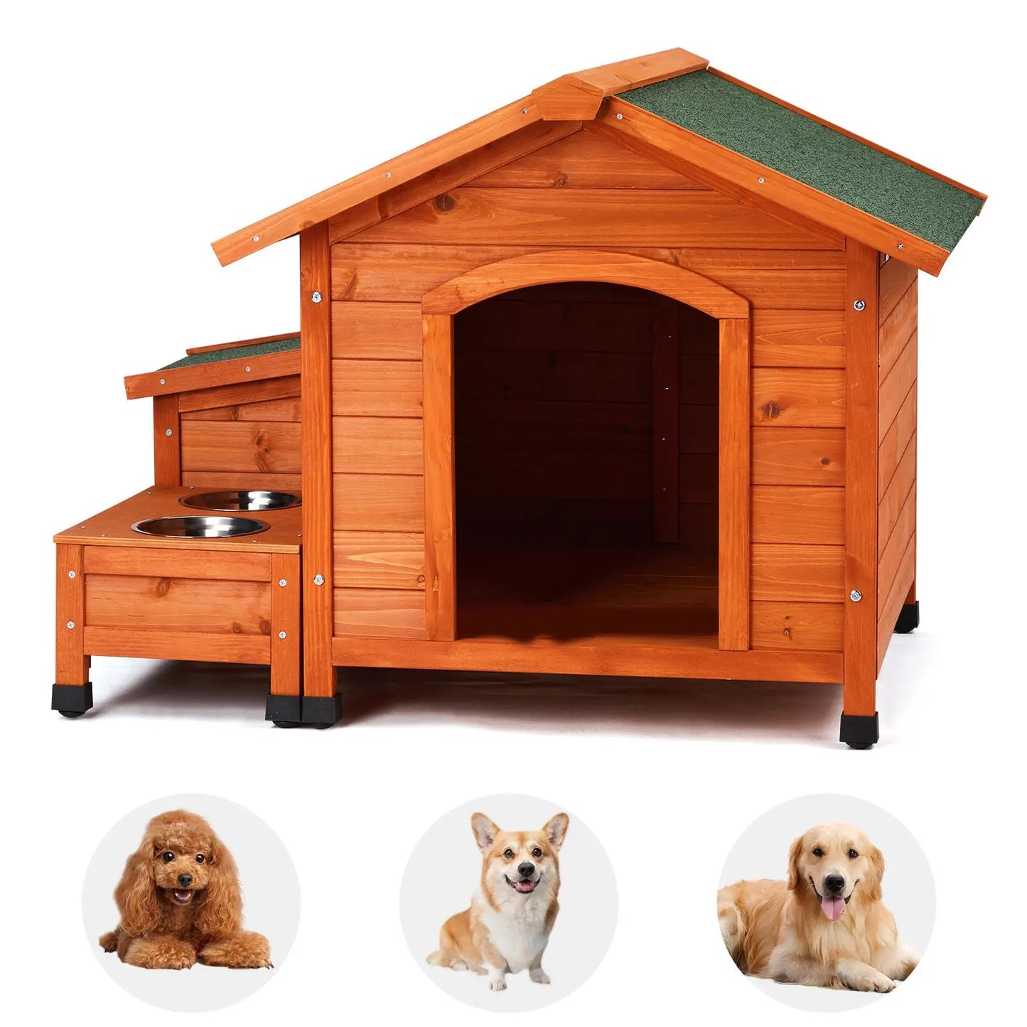 Cozy Wooden Dog House With Food Bowl And Storage Bucket